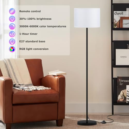 Floor Lamp for Living Room with Smart Light Bulb (White Shade Black Pole RGB / 60 Inches (With Bulb))