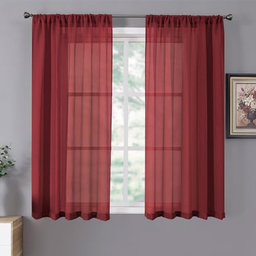Short Sheer Curtains Linen Textured Living Room Curtain Sheers Light Filtering Rod Pocket Voile Curtains for Bedroom (42"W x 45"L (Pack of 2) / Burgundy Red)