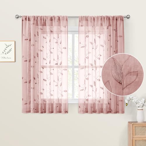 Blush Pink Kitchen Curtains Leaf Embroidered (52"W x 54"L (Pack of 2) / Blush Pink)