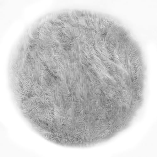 Round 3ft Small Fur Rug Grey Fluffy Faux Sheepskin Cute Circle Rugs for Bedroom Washable Furry Rug Home Décor (3' (Round) / Grey)