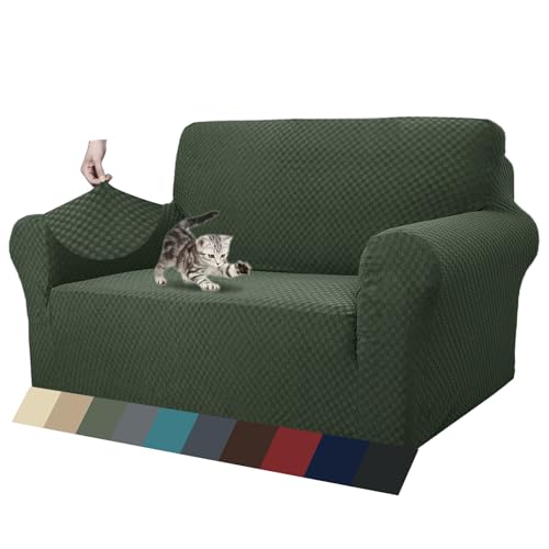 1 Piece Jacquard Couch Covers for 2 Cushion Couch High Stretch Loveseat Slipcover for Pets Dogs Anti Slip Love Seat Sofa Slipcover Furniture Protector (Medium (55"-69") / Army Green)