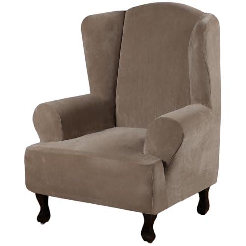 Wingback Chair Covers Velvet Plush Wing Chair Slipcover 1 Piece High Stretch Wing Back Chair Slipcovers Sofa Cover Furniture Cover with Elastic Bottom (Mocha / Wing Chair)