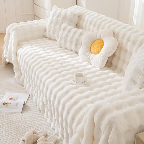 White Sofa Covers Dog Couch Cover Rabbit Plush L Shaped Couch Covers Faux Fur Sofa Slipcovers for 3 Seat Cushion Couches Shaggy Couch Cover Blanket Washable Thick Soft (71" x 150" / Z-plush:white)