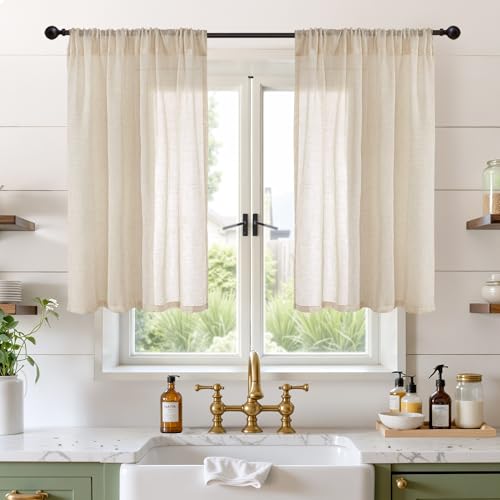 40 Inch Length Burlap Tan Linen Curtains for Kitchen Window (Natural / 42"W x 40"L (Pack of 2))