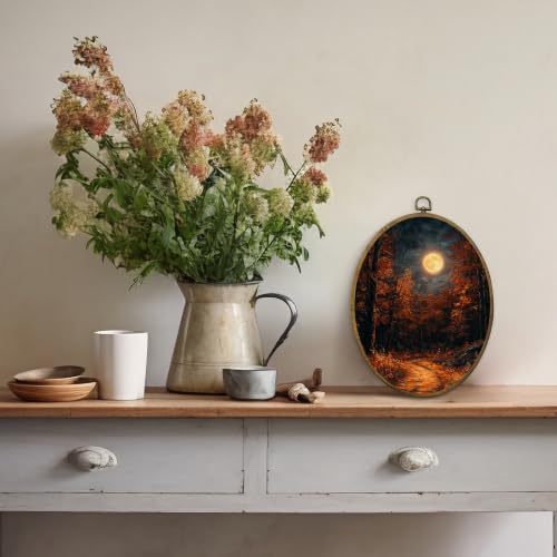 Dark Moody Fall Full Moon Forest Landscape Oval Wall Art Decor Framed (Color01)
