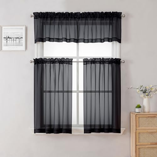 36 Inch Black Curtains Sheer Tiers for Kitchen Set of 2 Pieces (Black / 40"W x 36"L (Pack of 2))