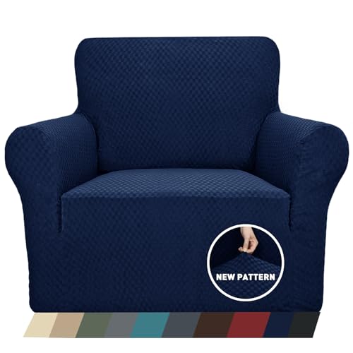 1 Piece Jacquard Chair Slipcovers for Living Room High Stretch Chair Covers with Arms Anti Slip Pets Friendly Couch Sofa Armchair Cover Furniture Protector (Small (31"-46") / Navy Blue)