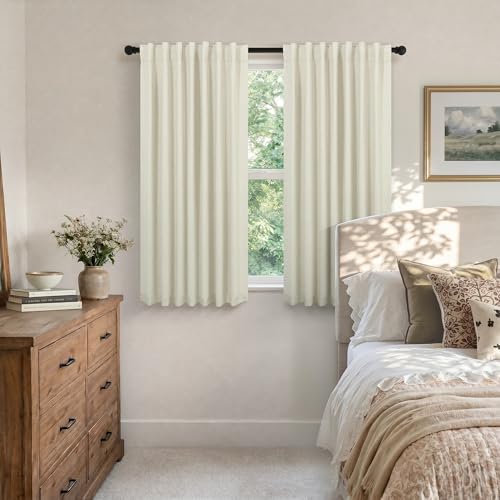 Linen Textured Boho 100% Blackout Small Window Curtains 45 inch Length 2 Panels Country Curtain for Kitchen Door Bathroom Bedroom Living Room Darkening Short Cafe Drape Back Tab Rustic Farmhouse Beige (Linen / 52"W x 45"L (Pack of 2))
