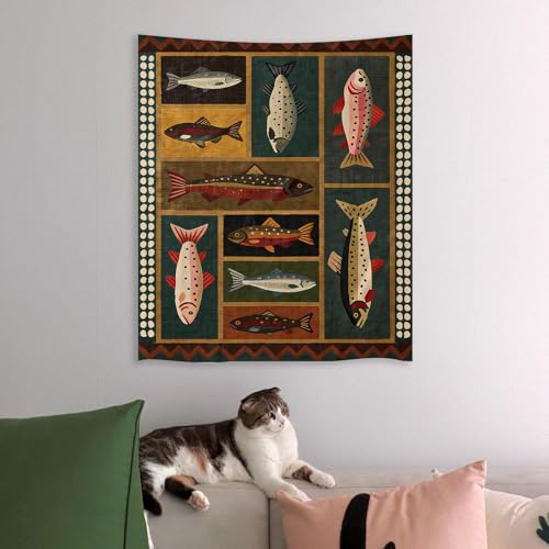 Fish Tapestry 50 X 60 Inches Vintage Dark Western Wall Art Rustic Country Salmon Trout Painting Retro Cabin Aesthetic Decor for Living Room Bedroom (Tapestries / Black / 60"L x 50"W)