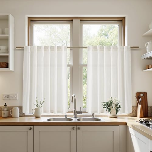 Beige White Linen Curtains for Kitchen Windows Over Sink Neutral 30 Inch Length Back Tab and Rod Pocket Light Filtering Semi Sheer Cafe Curtain for Bathroom RV Small Window 40 x 30 Inch (40"W x 30"L (Pack of 2) / Beige White)