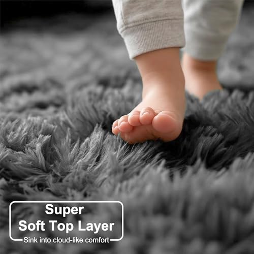 Grey Furry Big Round Area Rug 6Ft for Living Room Bedroom Playroom (Grey / 6' (Round))