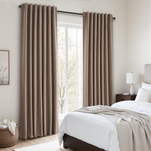 96 inch long linen blackout curtains 2 Panels 100% Black out Linen texture Curtain Modern Farmhouse Dark Flax Window Drapes with Back Tab Rod Pocket Room Darkening Thermal for Bedroom Living Room (Faux Linen / 52"W x 96"L (Pack of 2))