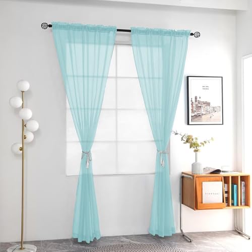 Solid Sheer Rod Pocket Curtain Voile Draperies 2 Panels White Beige Black Grey Ivory 52 Inch Width 96 Inch Long 1 Pair for Kitchen Bedroom Children Living Room Yard (Sky Blue / 52"W x 96"L (Pack of 2))