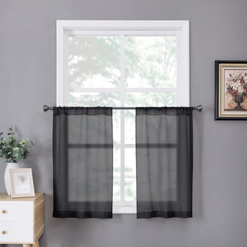 Sheer Tier Curtains Kitchen Linen Textured Half Curtain Sheers Light Filtering Rod Pocket Voile Bathroom Short Curtains for Farmhouse (25"W x 30"L (Pack of 2) / Black)
