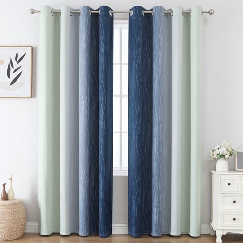 Sage Green and Navy Blue Ombre Blackout Curtains for Living Room 96 Inch (Navy Blue and Sage Green / 52"W x 96"L (Pack of 2))