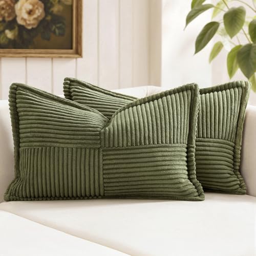Olive Green Corduroy Lumbar Pillow Covers 12x20 Inch 12x20 Inch with Splicing Set of 2 Soft Boho Pillow Covers Broadside Decorative Textured Summer Pillowcases for Couch Bed Livingroom (Olive Green / 20" x 12" (Pack of 2))