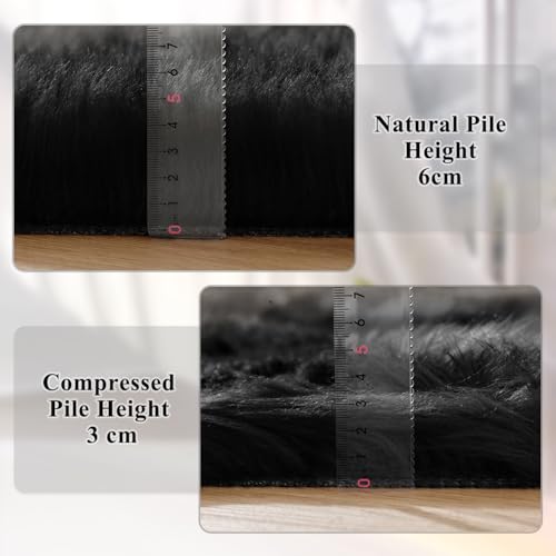 Black Fluffy Faux Sheepskin Washable Fur Area Rugs for Bedroom Living Room Small Shag 2x4 Furry Nursery Rug (2' x 4' (Sheepskin Fur) / Black)
