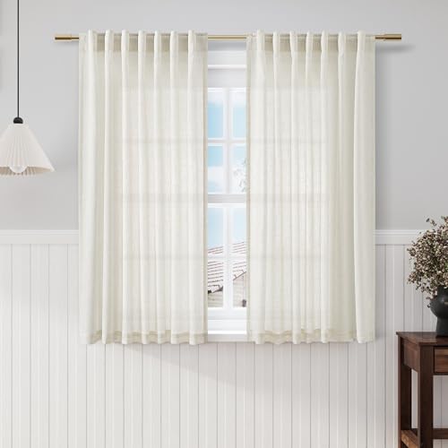Cream Linen Back Tab Rod Pocket Curtains 52 Inch Length for Small Windows 2 Panels Set Privacy Semi Sheer Neutral Modern Farmhouse Window Curtain Linen Drapes Rustic Curtain Natural 52x52 (52"W x 52"L (Pack of 2) / Natural)
