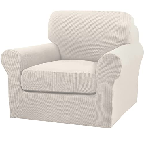 2 Piece Chair Covers for Living Room Armchair Couch Cover with Individual Cushion Covers Furniture Cover for Chairs Feature Jacquard Fabric (Armchair (1 Cushion) / Ivory)