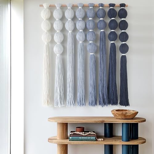 Macrame Wall Hanging Dip Dyed Blue Yarn Wall Art Tassel Decor 27" W*31" L (Blue)