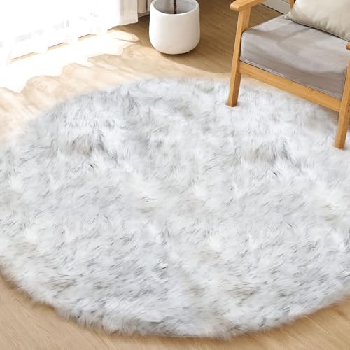 Grey and White Plush Machine Washable Area Rugs for Bedroom Small Circle Furry Faux Sheepskin Fur Rug for Living Room Nursery Round Rug 3ft (3' (Round) / White With Grey Tips)