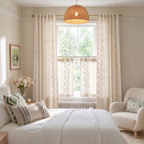 Beige Floral Linen Kitchen Tier Curtains 24 Inch (A| Beige / 26"W x 24"L (Pack of 2))