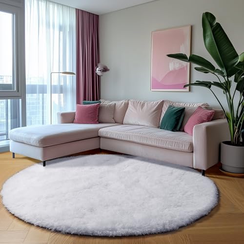 White Fluffy Round Rug Gray Circle Area Rugs 4ft for Bedroom Living Room (White / 4' (Round))