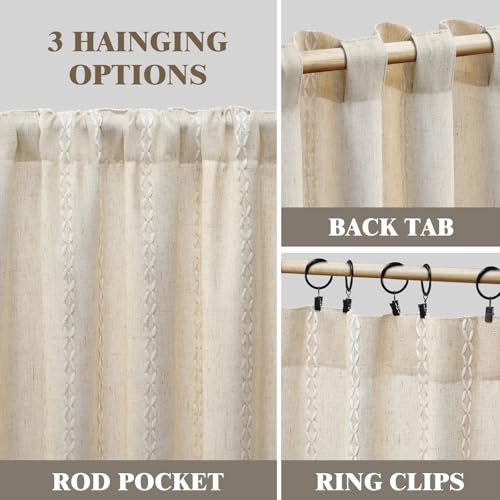 Boho Light Filtering Curtains 63 Inch 2 Panels with Tassels (Light Beige / 52"W x 63"L (Pack of 2))