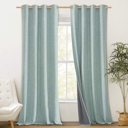 100% Absolutely Blackout Linen Curtains with Thermal Insulated Liner (52"W x 102"L (Pack of 2) / Seafoam Green)