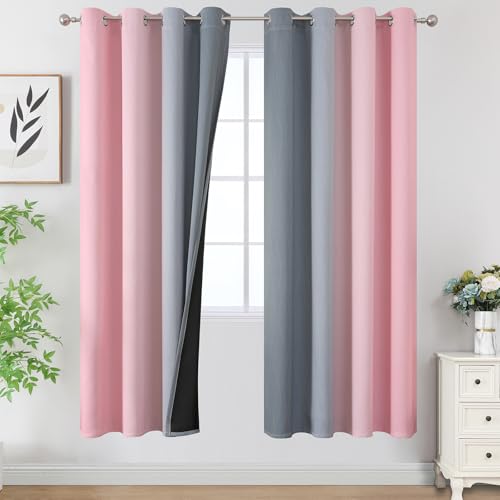 Ombre Grey and Pink Blackout Curtains for Bedroom 72 Inch (Grey and Pink / 52"W x 72"L (Pack of 2))
