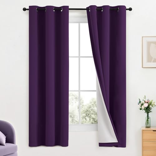 100% Blackout Curtains 38x63 inch Long Purple Window Drapes (Purple / 38"W x 63"L (Pack of 2))
