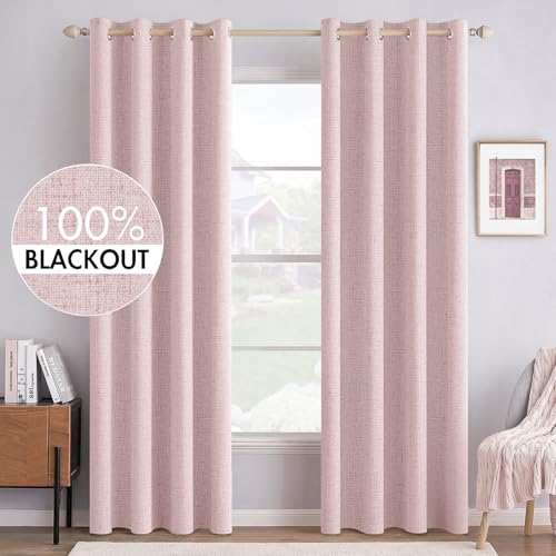 100% Blackout Linen Curtains for Bedroom 52x90 Inches Pink (Pink / 52"W x 90"L (Pack of 2))