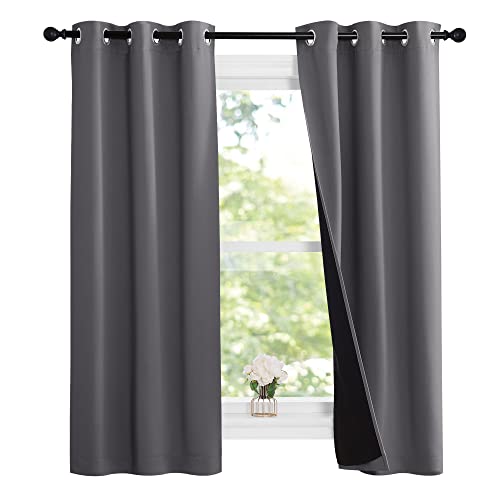 100% Blackout Short Curtains with Black Liners (Grey / 37"W x 63"L (Pack of 2))