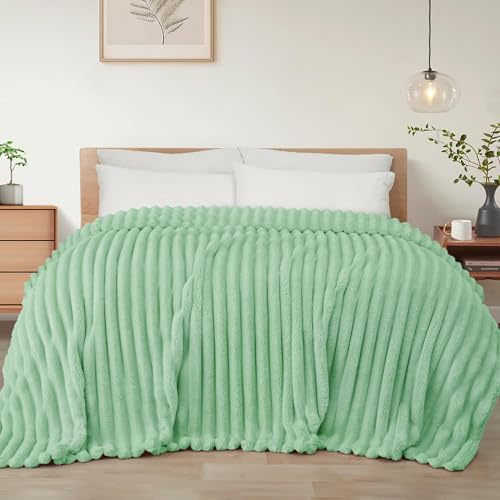 Striped Queen Size Fleece Blanket for Bed (Sage Green / Queen ( 90x90 IN ))