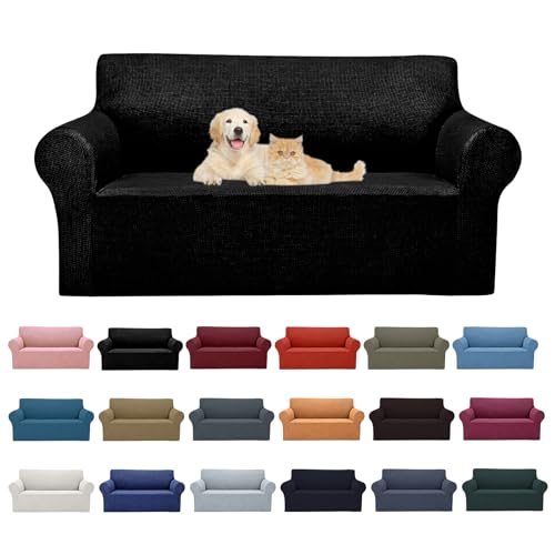 2026 New Stretch Loveseat Sofa Slipcovers Couch Cover for 2 Cushion Furniture Protector Sofa Covers with Elastic Bottom Jacquard Fabric Small Checks for Pets (Black / Loveseat)