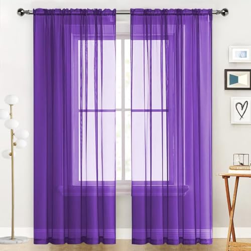 Sheer Voile Window Treatment Rod Pocket Curtain Panels for Kitchen Bedroom Living Room Drapes Sunlight Filtering Privacy Semi Home Decor Assorted (Purple / 52"W x 90"L (Pack of 2))