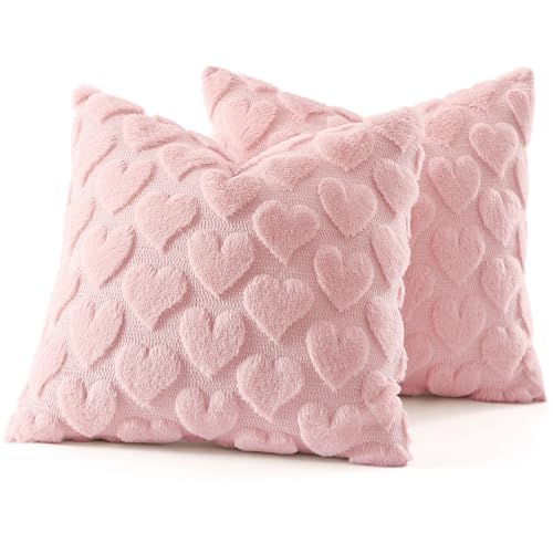 Pink Heart Cute Girl Faux Fur Throw Pillow Covers 20x20 Set of 2 (Pink Heart / 20" x 20" (Pack of 2))