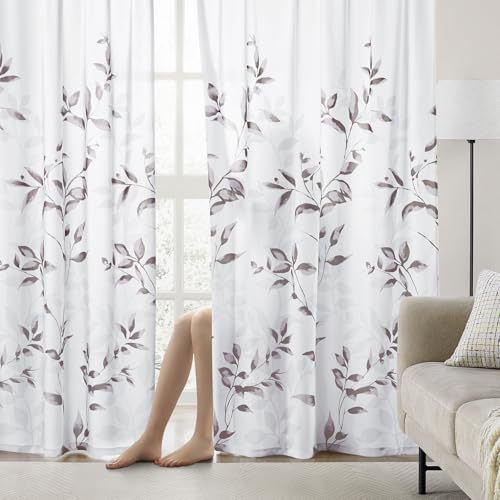 Non-See-Through Dry Rose and White Privacy Sheer Curtains (Leaves-dry Rose / 52"W x 63"L (Pack of 2))