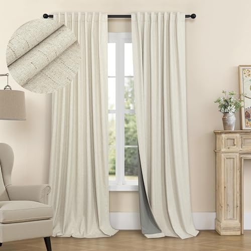 Farmhouse Style 94 Inch Curtains for Living Room Drapes Back Tab Pleated Linen Blackout Earthy Curtain Heat Blocking Black Out Window Treatment Master Bedroom Sunroom 2 Burg Panel 94 Long Length Beige (Linen / 52"W x 94"L (Pack of 2))