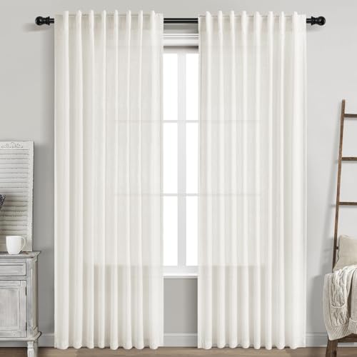 Beige White Linen Curtains 84 Inch Length for Living Room Linen Blend Back Tab and Rod Pocket Semi Sheer Light Filtering Rustic Coastal Decor Curtains for Bedroom 60 x 84 Inch (60"W x 84"L (Pack of 2) / Beige White)