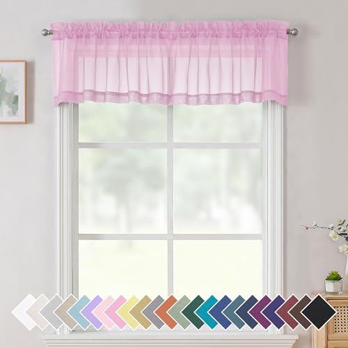 White Valances 14 Inches Long for Living Room Pocket 2 Panel Light Filtering Sheer Translucent Valence Toppers for Window Kitchen Bathroom Bedroom White 40x14 Inch (40"W x 14"L (Pack of 2) / Light Pink)