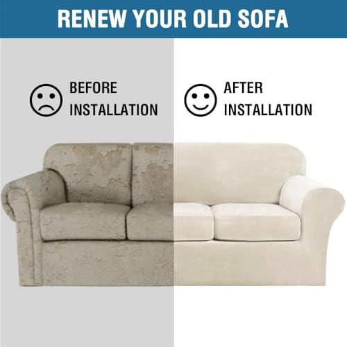 High Stretch Sofa Slipcover 4 Piece Cover Velvet Furniture Protector Form Fit Thick Velvet Extra Large Sofa Cover for 3 Cushion Couch Width Up to 97 Inch (3 Cushion Large Sofa / Ivory)