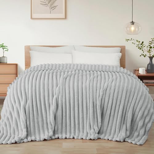 Striped California King Size Fleece Blanket for Bed (Light Grey / Cal King ( 120x120 IN ))