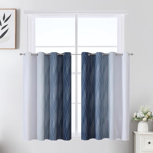 Navy Blue and Greyish White Blackout Curtains for Kitchen 36 Inch Length (Navy Blue and Greyish White / 52"W x 36"L (Pack of 2))