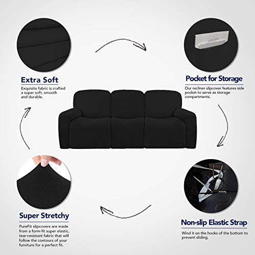 Super Stretch 3 Seats Recliner Sofa Couch Cover with Pocket (Large Recliner Sofa / Black)