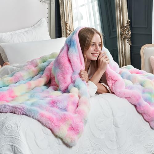 Faux Fur Throw Blanket for Couch (Tie-dye Rainbow / Throw(50" x 60"))