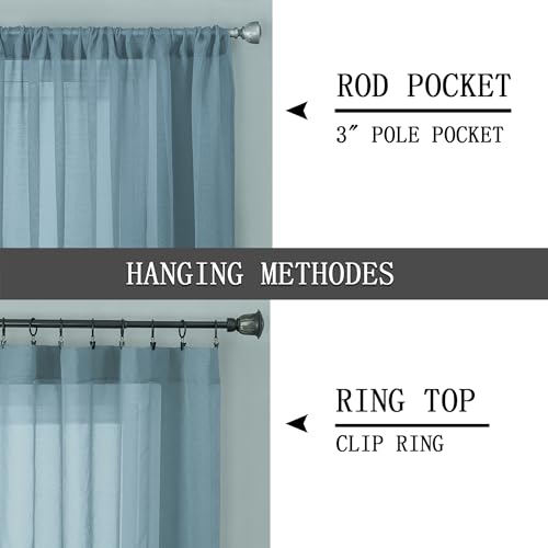 Short Sheer Curtains Linen Textured Living Room Curtain Sheers Light Filtering Rod Pocket Voile Curtains for Bedroom (42"W x 45"L (Pack of 2) / Dusty Blue)
