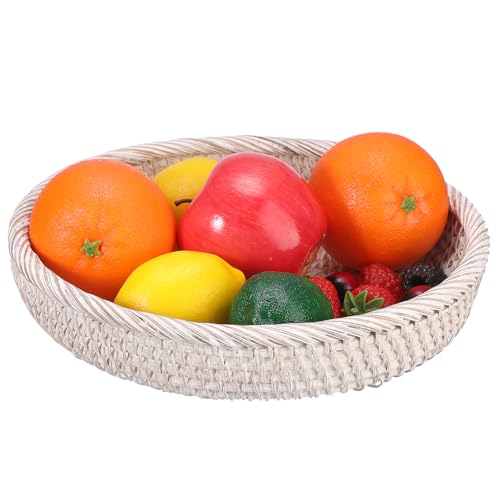 Key Basket Bowl for Entryway 10" Round Woven Wicker Serving Tray (Medium, 9.9" / Whitewash)