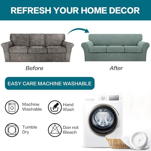 4 Piece Sofa Covers for 3 Cushion Couch Sofa Slipcover Soft Couch Cover for Dogs Washable Furniture Cover with 3 Individual Large Cushion Covers Feature Fabric (L Sofa (3 Cushion) / Dark Cyan)