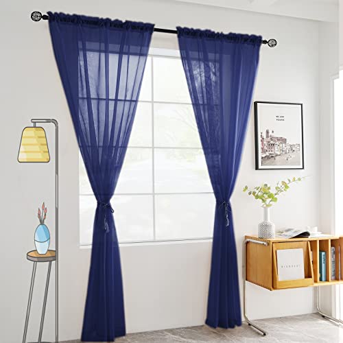 Sheer Voile Window Treatment Rod Pocket Curtain Panels for Kitchen Bedroom Living Room Drapes Sunlight Filtering Privacy Semi Home Decor Assorted Colors Sizes (Navy / 52"W x 84"L (Pack of 2))